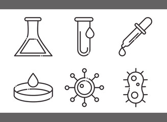 Sticker - biology chemistry flasks virus bacteria science element line icons set style