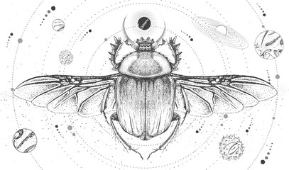 Modern magic witchcraft card with solar system and scarab beetle. Hand drawing occult vector illustration