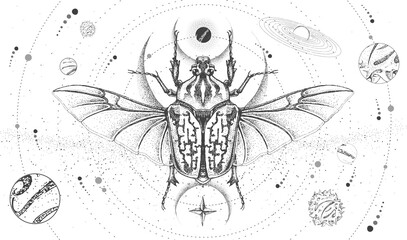 Wall Mural - Modern magic witchcraft card with solar system and Goliath beetle. Hand drawing occult vector illustration