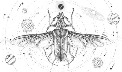 Modern magic witchcraft card with solar system and longhorn beetle. Hand drawing occult vector illustration