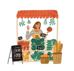 Female farmer selling fresh fruits and vegetables at stall at local food market place. Farm organic production concept. Flat vector illustration isolated on white background