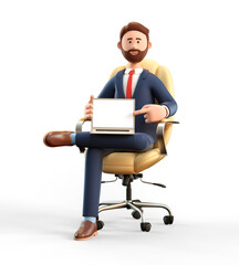 Poster - 3D illustration of happy smiling businessman pointing finger at blank screen laptop computer. Cartoon bearded man working in office and sitting in roller armchair, isolated on white background.