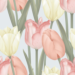 Wall Mural - Floral seamless pattern, various tulip flowers and leaves on bright grey