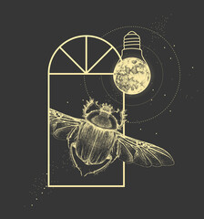 Wall Mural - Magic witchcraft window silhouette with scarab beetle and full moon like light bulb. Vector illustration