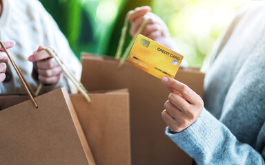 Wall Mural - Women holding shopping bags and a credit card for purchasing