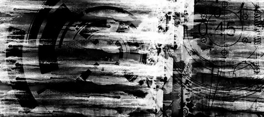 Wall Mural - Abstract grunge futuristic cyber technology panoramic background. Drawing on old grungy surface	