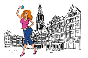 Sticker - attraktive girl makes selfie, Grote Markt square in Antwerpen in the background, Belgium.