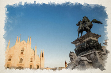 Wall Mural - Watercolor drawing of Statue di Vittorio Emanuele II a cavallo monument, Duomo di Milano cathedral facade on Piazza del Duomo square with blue sky background, Milan historical city centre, Italy