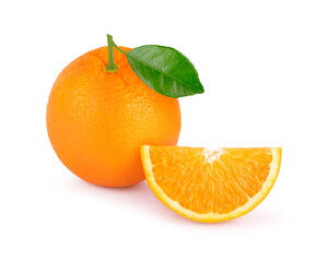 Wall Mural - Orange fruit with leaf isolated on a white background.