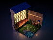 3d scene of an isometric diorama of a Japanese house and garden at night.
