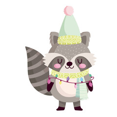 Canvas Print - merry christmas, cute raccoon with lights and scarf cartoon celebration icon isolation