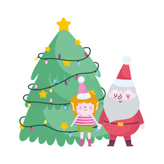 Poster - merry christmas, santa helper and tree celebration icon isolation