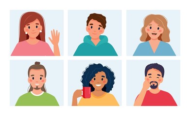 Group of people doing group call. Online meeting via video conference. Vector illustration in flat style