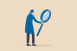 Search, discover, analyze report or specialist investigate and research for insight information concept, curiosity guy detective holding huge magnifying glass and thinking about evidence and result.