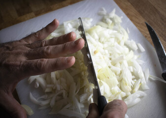 Wall Mural - Top view shot of a man cutting onion on a cutting board