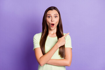 Sticker - Photo of astonished person indicate finger empty space open mouth disbelief isolated on pastel magenta color background