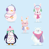 Fototapeta Pokój dzieciecy - merry christmas, cute bear penguin snowman and rabbit with hat and scarf cartoon