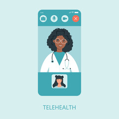 Virtual doctor app flat vector illustration. Mobile consultation, smart medical assistance. Modern telemedicine, eHealth concept, telehealth, Coronavirus Covid-19, quarantine motivational poster.