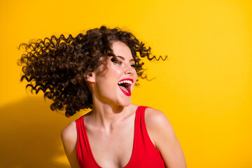 Sticker - Close-up portrait of her she nice-looking attractive carefree glamorous cheerful cheery wavy-haired girl throwing hair having fun laughing isolated bright vivid shine vibrant yellow color background