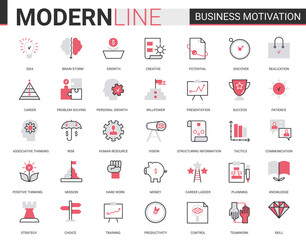 Business motivation thin red black flat line icon vector illustration set with motivational outline symbols for productivity of financial processes, teamwork business planning, communication training