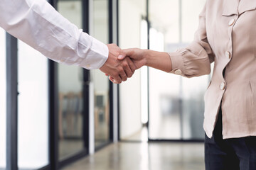 Two confident business man shaking hands during a meeting in the office, success, dealing, greeting and partner concept