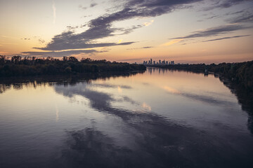 Poster - Vistula River and city downtown in Warsaw, capital of Poland - aerial view from Siekierkowski Bridge