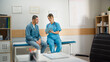 © Gorodenkoff - Doctor Consultation Office: Sitting on Exam Table Male Patient Listens to Experienced Head Nurse who Uses Digital Tablet Computer to Show, Explain His Analysis Results, Prescribe Medicine