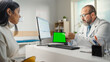 © Gorodenkoff - Doctor Consultation Office: Latin Female Patient Listens to Experienced Cardiologist who Uses Green Chroma Key Screen Digital Tablet to Show, Explain Her Heart Analysis Results, Prescribe Medicine.