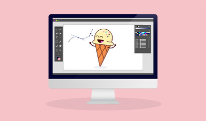 Working as an illustrator and graphic designer on computer - Desktop screen with unbranded design software and cartoon illustration. Vector illustration.