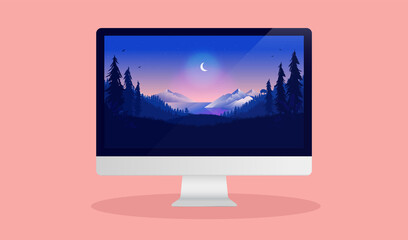 Wall Mural - Computer screen with beautiful wallpaper - Desktop computer monitor displaying nature scene. Vector mockup illustration.