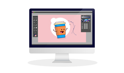 Illustration software on desktop computer - Making vector art on a computer with software and user interface. Illustrator profession work concept.