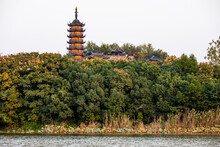 Symbolic Cishou Pagoda & Jinshan Temple Complex At The Hill By Jinshan Lake In Zhenjiang, Jiangsu, China. First Established In 4th-CE. Heritage & Tourist Attraction.