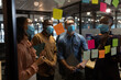 © Wavebreak Media - Diverse office colleagues wearing face masks discussing over memo notes on glass board at modern off