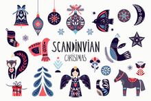Scandinavian Christmas Collection With Ornamental Traditional Elements Isolated On White