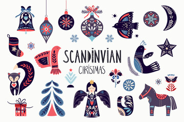 Scandinavian Christmas collection with ornamental traditional elements isolated on white