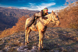 Fototapeta Kosmos - Woman and horse, landscape autumn