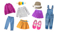 Fashion  Colorful Child Girl's Clothing,bright Collection Of Kid's Apparel,baby Garment Set,collage Of Clothes Isolated.