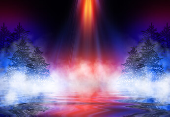 Poster - Dark abstract background. Winter night forest landscape. Silhouettes of fir trees, lit with neon glow, snowdrifts, snowflakes. 3d illustration