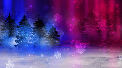 Poster - Dark abstract background. Winter night forest landscape. Silhouettes of fir trees, lit with neon glow, snowdrifts, snowflakes. 3d illustration
