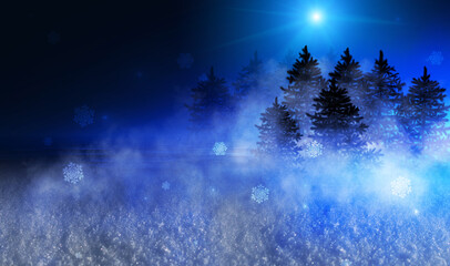 Poster - Dark abstract background. Winter night forest landscape. Silhouettes of fir trees, lit with neon glow, snowdrifts, snowflakes. 3d illustration