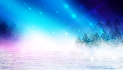 Poster - Dark abstract background. Winter night forest landscape. Silhouettes of fir trees, lit with neon glow, snowdrifts, snowflakes. 3d illustration