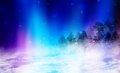 Poster - Dark abstract background. Winter night forest landscape. Silhouettes of fir trees, lit with neon glow, snowdrifts, snowflakes. 3d illustration