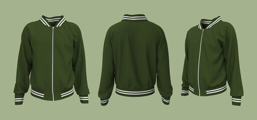 Varsity Jacket mockup in front, side and back views. 3d illustration, 3d rendering