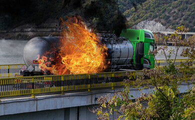 Wall Mural - The truck carrying fuel caught fire while on the street. Fuel carrier in flames