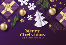 Merry Christmas Layout Composition With Purple And Gold Colours, Christmas Decorations And Fir Branches. Vector Illustration