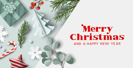 winter christmas layout composition with plants, presents and xmas decorations with room for text an