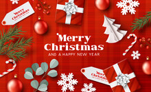 A Red Merry Christmas Background Layout With Xmas Decorations. Festive Vector Illustration