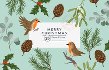 Vintage Floral Christmas Layout Design With Robin Birds And Seasonal Plants Including Mistletoe And Pine. Vector Illustration.