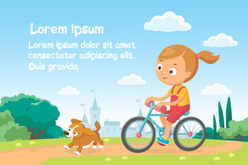 Vector girl woman rides bike bicycle in natural summer landscape by pathway track through green lawn meadow, puppy dog running ahead.Escape from city.Bike ride.White clouds and castle on background.