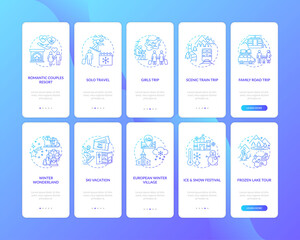 Canvas Print - Winter vacation ideas and places onboarding mobile app page screen with concepts set. Winter wonderland walkthrough 5 steps graphic instructions. UI vector template with RGB color illustrations